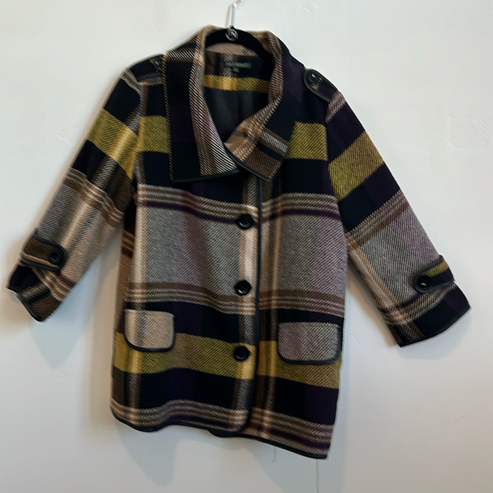 For Cynthia Plaid Barn Jacket, Brown, Purple, Lavender, Yellow; Size Large